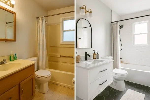 Before and after bathroom renovation by A. Mass Flooring & Tile showing modern tile work and fixtures in Massachusetts home
