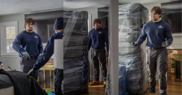 Cyan Movers residential moving team safely transporting professionally wrapped furniture inside a home in Manchester CT