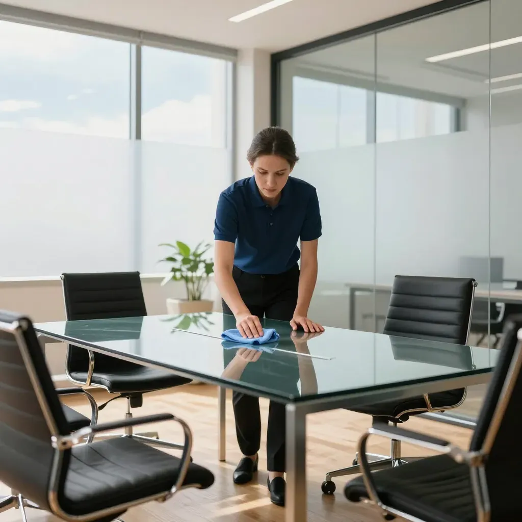 A cleaner disinfects a polished conference table in a modern office.