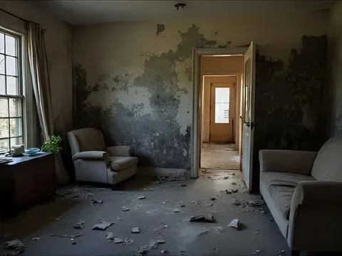 Dilapidated room with peeling walls, debris on the floor, and old chairs near windows and a doorway