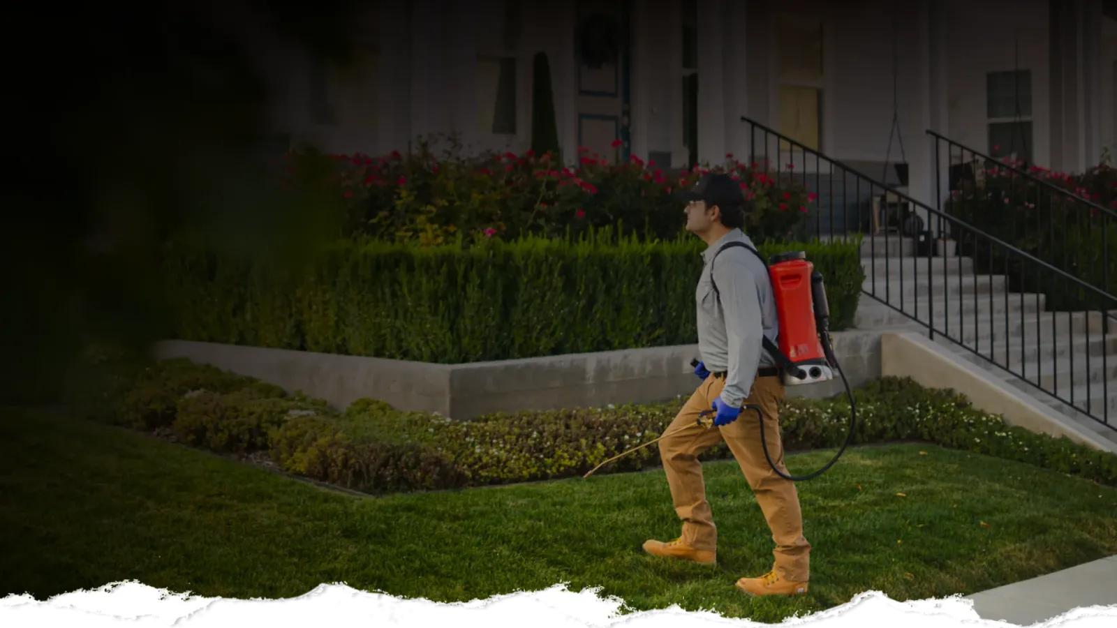Man wearing protective gear sprays pesticide on lawn in front of residential house with garden