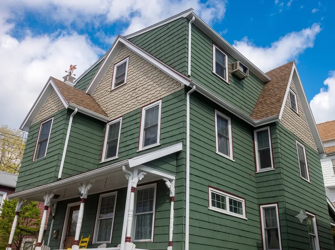 Green Victorian-style house with tan trim and white porch under a blue sky