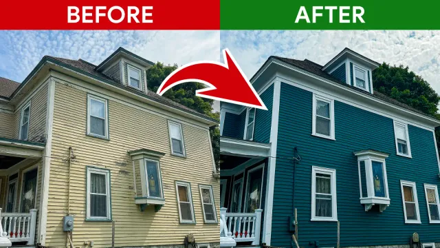 Before and after exterior house painting showing a weathered home transformed with fresh blue paint and white trim by Top Notch Pro Painting.