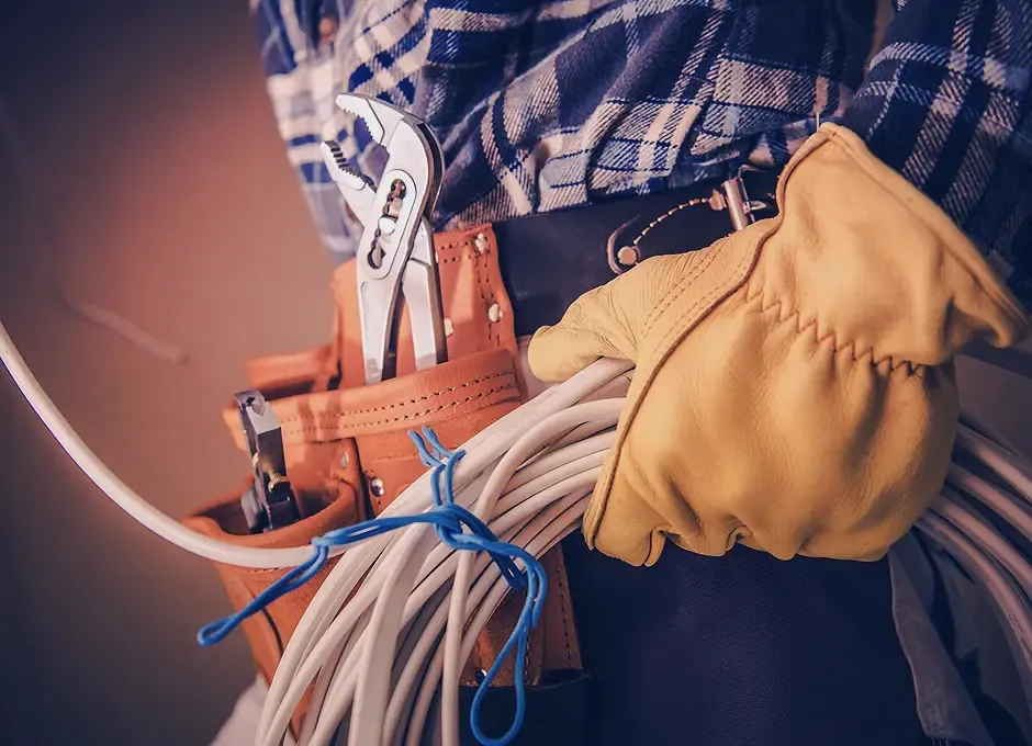 Electrician's tool belt loaded with pliers and coils of wire on a job site