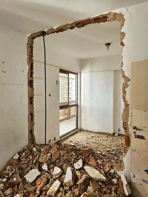 Interior wall demolition and controlled concrete removal showing debris from doorway opening