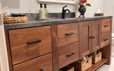 Walnut double vanity with basket storage