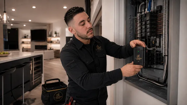 Christopher Kennedy installing a branded C. Kennedy Electric panel cover on a new electrical panel in a modern luxury home