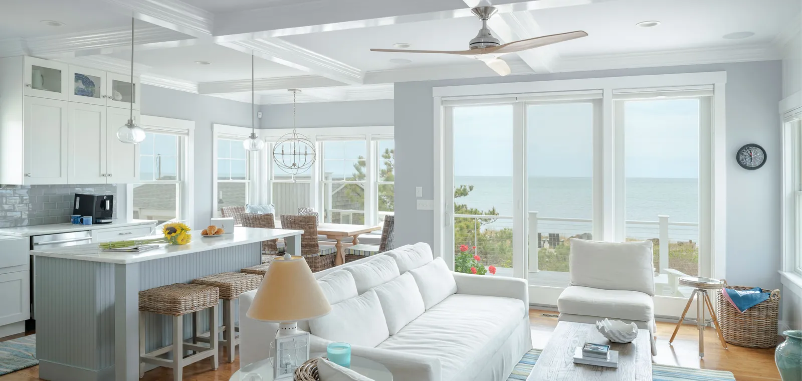 Room with lots of windows overlooking beach