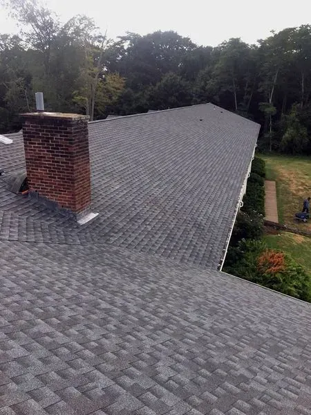 A roof with gray shingles, brick chimney, and trees in the background.