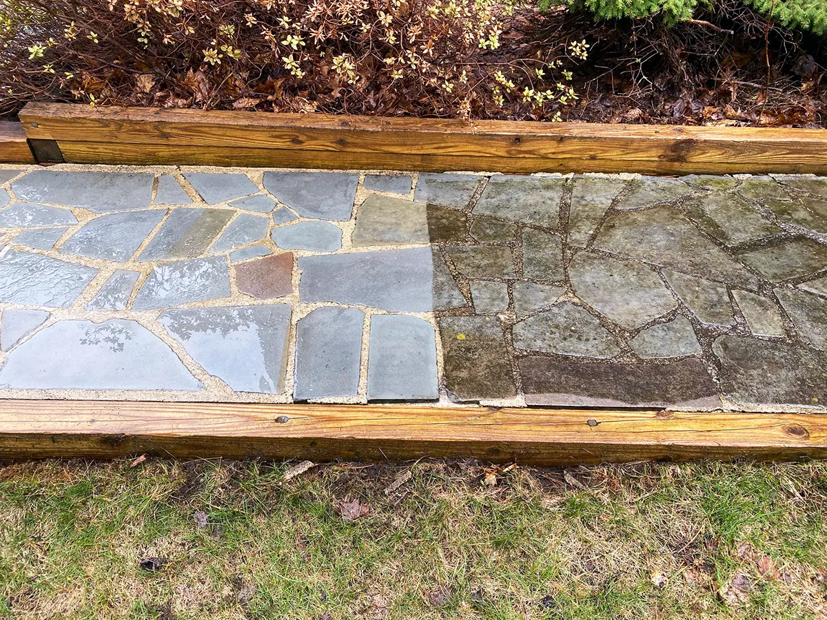 Half-washed walkway before and after