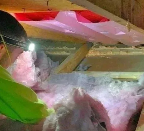 Person working inside an attic, wearing a headlamp, surrounded by pink fiberglass insulation material.