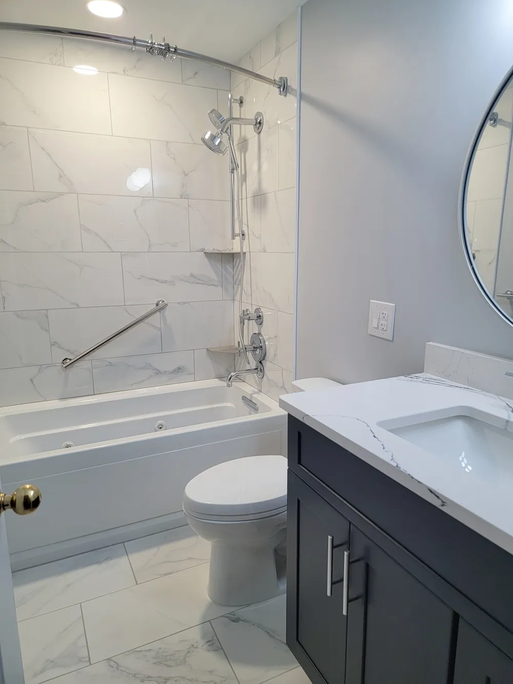 Single sink vanity made by Fabuwood Cabinetry painted Indigo. Cambria Quartz – Portrush countertop. 

Best bathroom remold, Pittsburgh, PA.