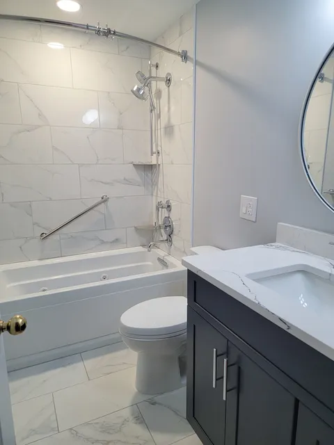 Single sink vanity made by Fabuwood Cabinetry painted Indigo. Cambria Quartz – Portrush countertop. 

Best bathroom remold, Pittsburgh, PA.