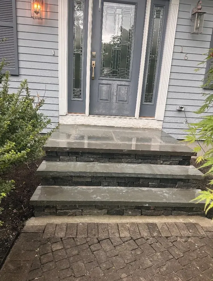 Front entrance with gray siding, blue door, and concrete steps leading to a brick walkway