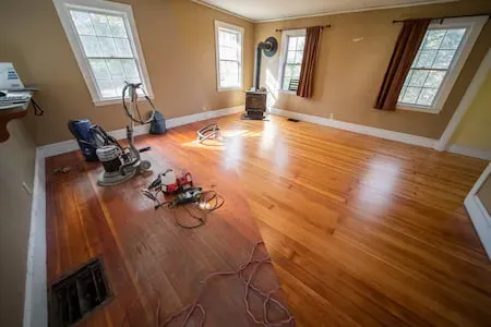 Refinish worn oak floors before and after