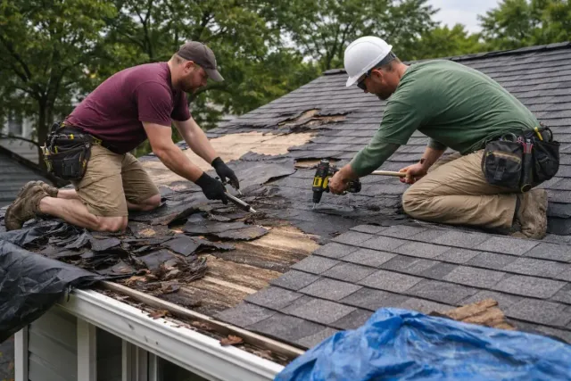 Two roofers performing repairs on a residential roof, removing damaged shingles and preparing for new installation, emphasizing professional roof repair services for coastal homes.