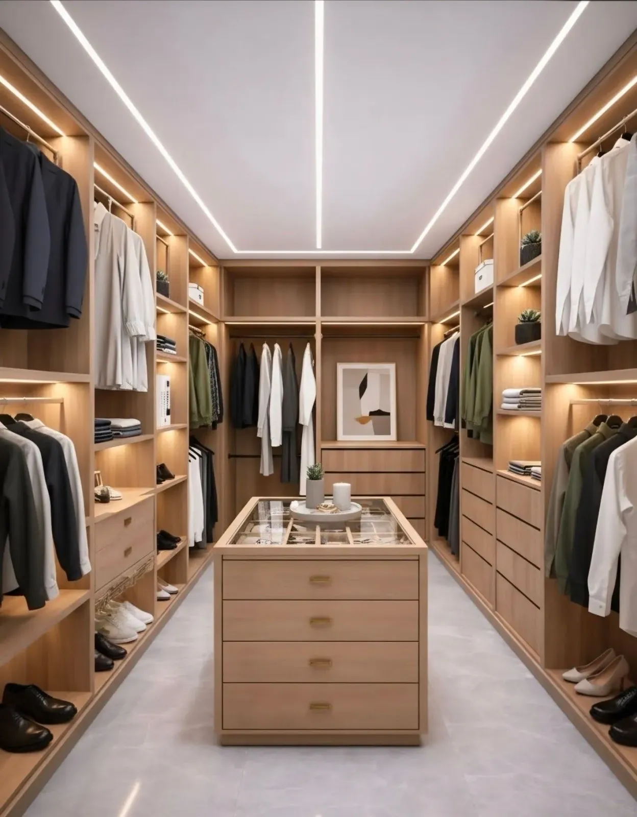 Closet with multiple shelves holding various shoes. Light wood shelves and white walls.