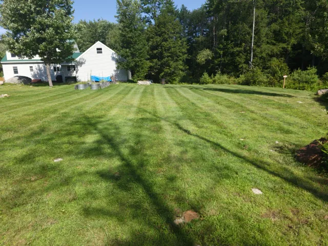 Large grassy yard with freshly mowed lawn, surrounded by trees, and a white house with a green roof. The house is partially visible on the left, with metal containers and a tarp nearby.