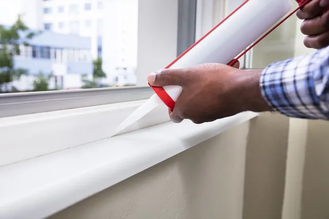 Technician air sealing gaps around wiring and framing