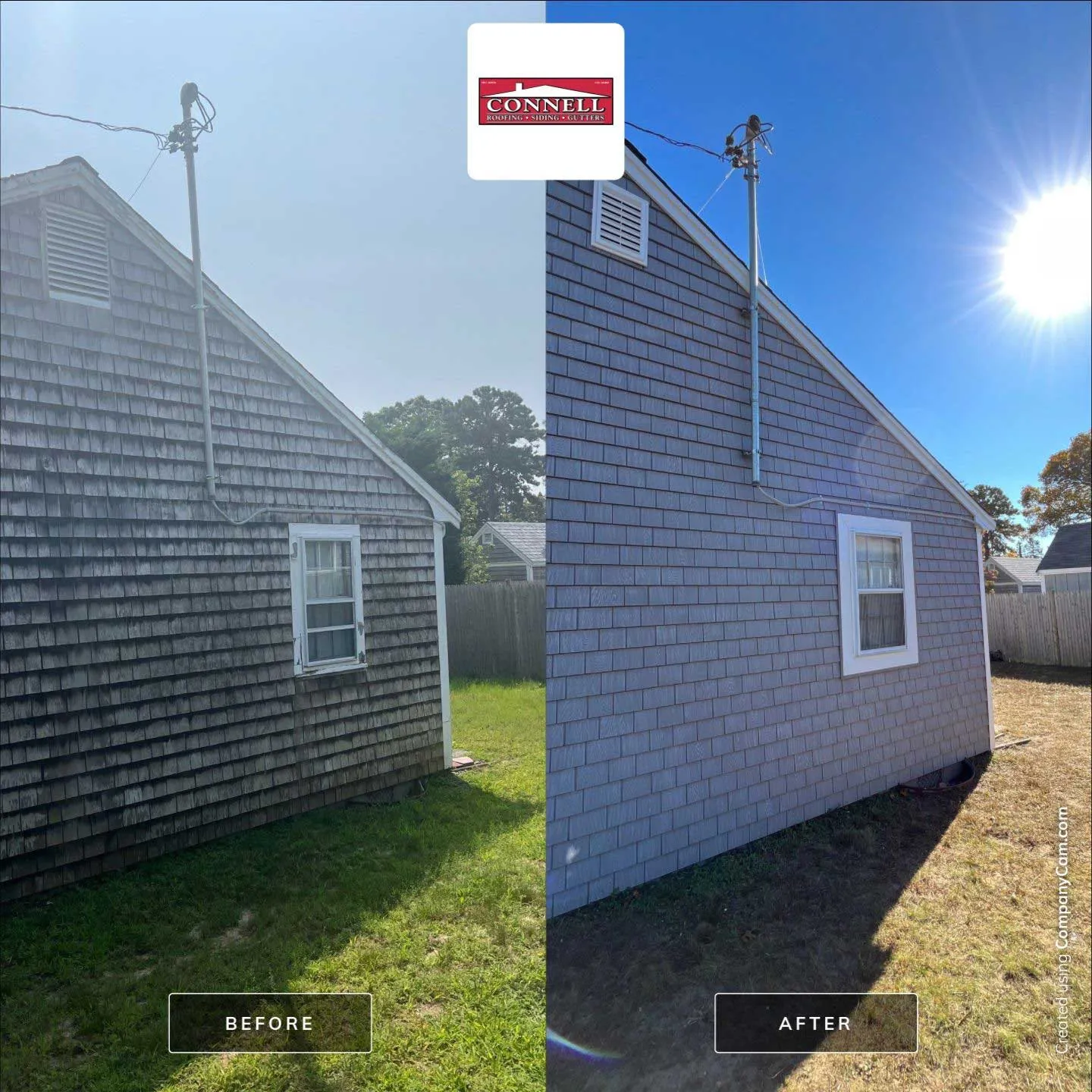 Before and after comparison of a home siding replacement by Connell Roofing, Siding & Gutters
