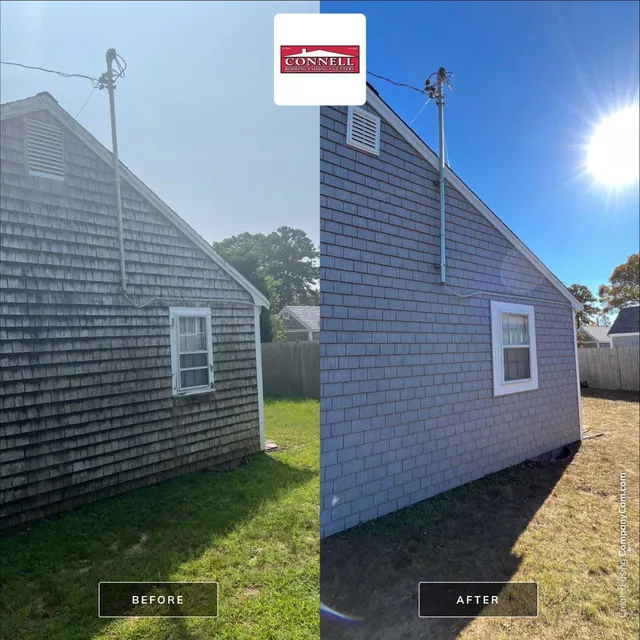Before and after comparison of a home siding replacement by Connell Roofing, Siding & Gutters
