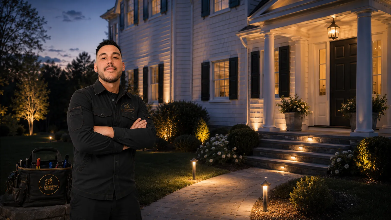 Christopher Kennedy standing in front of a beautifully lit colonial home at dusk with C. Kennedy Electric tool bag