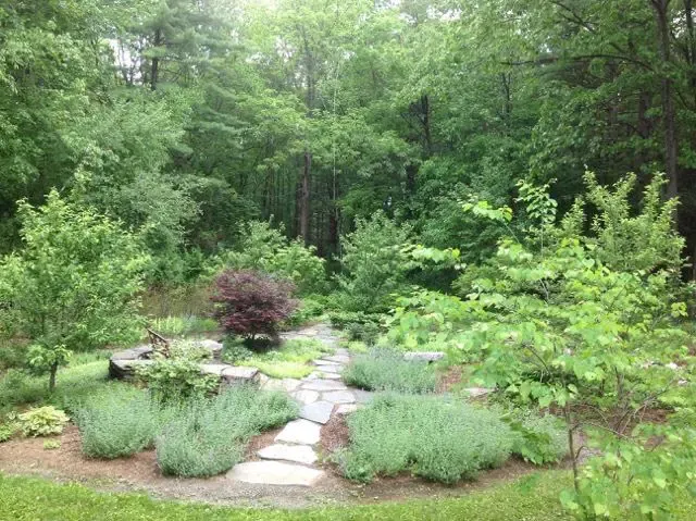 Goshen Stone walkway is flanked by trees, flowers and shrubs.
