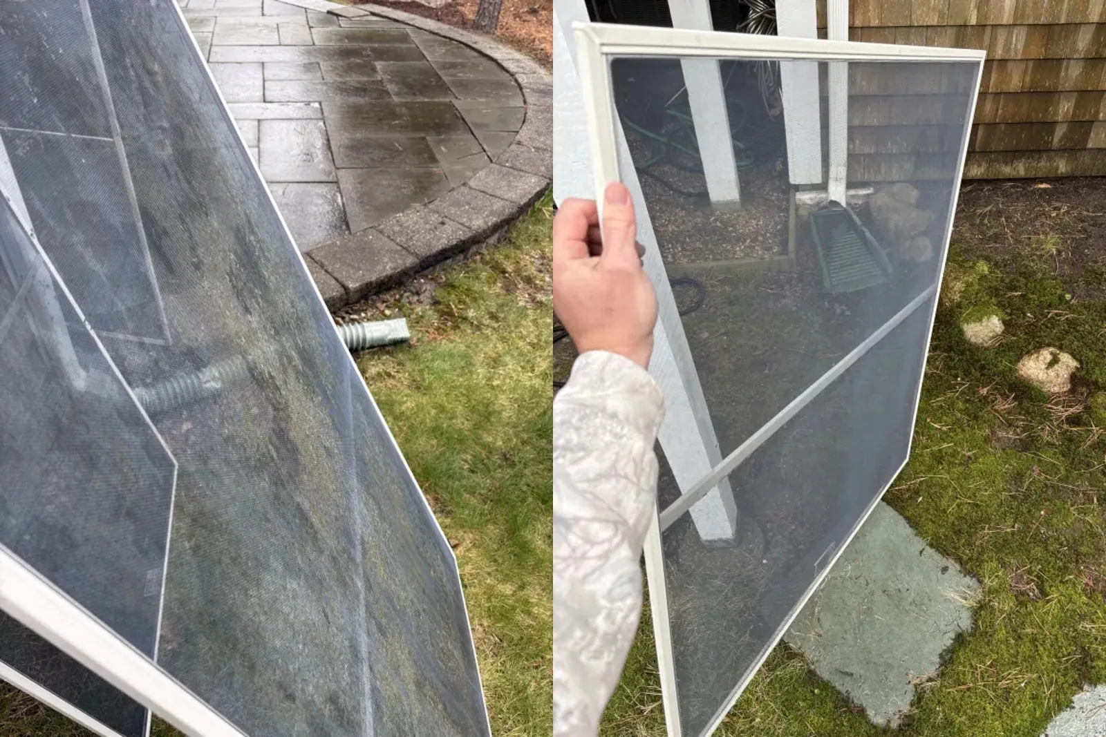 Window screen before and after deep cleaning dirt pollen and grime removed South Shore Massachusetts