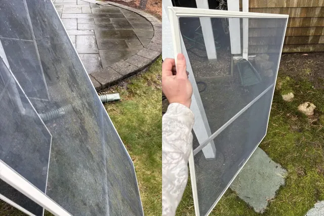 Window screen before and after deep cleaning dirt pollen and grime removed South Shore Massachusetts
