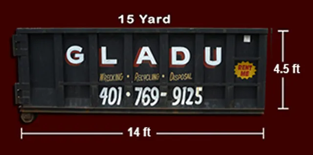 A black rolling cart with a board on it displaying a sign that says 'GLADU' in large white letters with red shadows. The sign also shows dimensions, with 14 feet in length and 4.5 feet in height. The background is dark red.