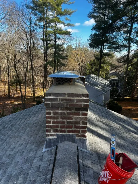 Brick chimney on a gray shingled roof with a chimney cap, set against a forest and blue sky.