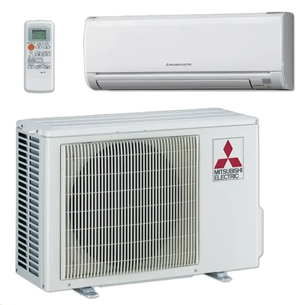 Mitsubishi Electric air conditioning unit with wall-mounted indoor unit, outdoor compressor, and remote control.