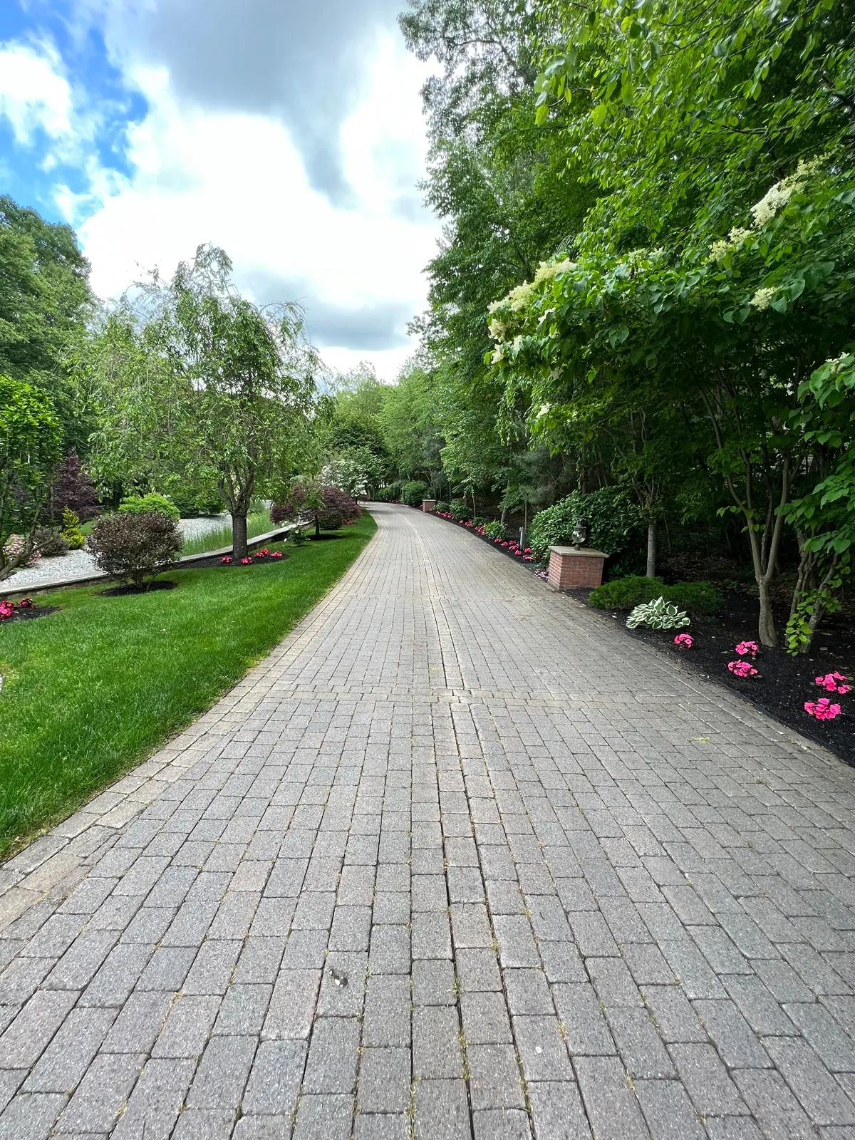 A serene path lined with trees and flowers, leading through a lush garden under a partly cloudy sky; tranquil and inviting scenery.