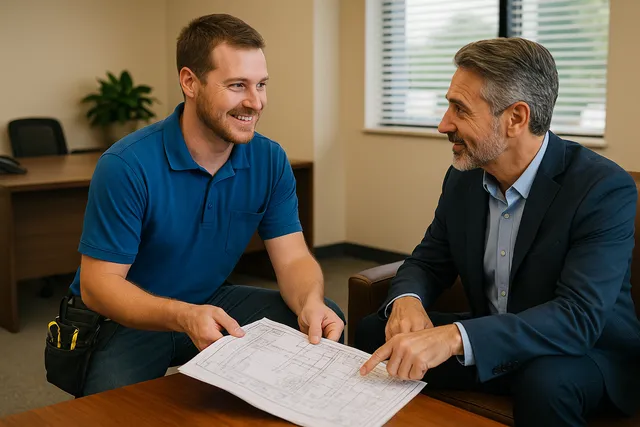Prevolt Electric reviewing electrical plans and project scope with a customer in Connecticut.