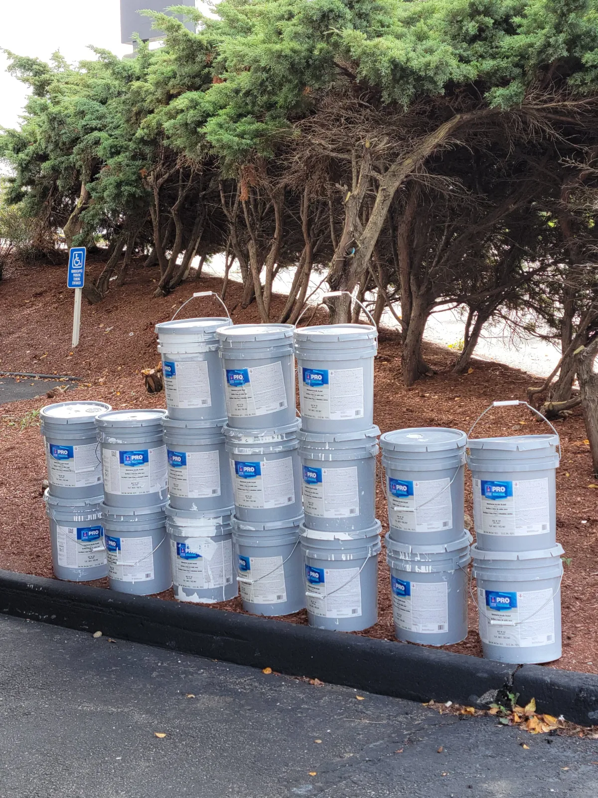 Multiple buckets of paint stacked in front of trees in a parking lot, with a disability parking sign nearby.