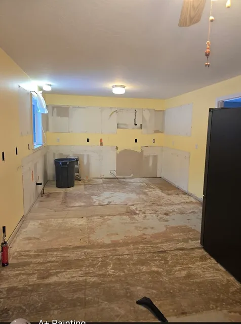 Kitchen stripped to studs and subfloor at the start of a full renovation