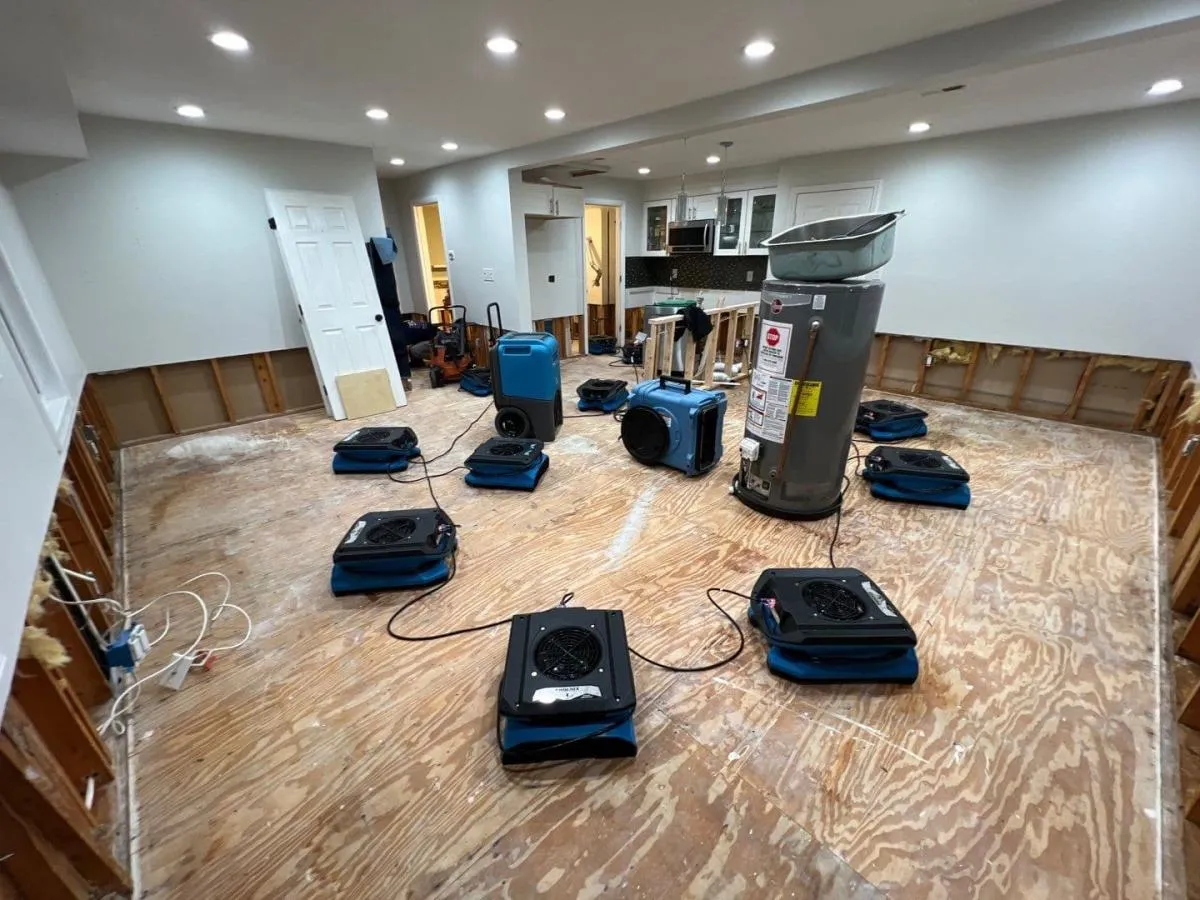 Air movers and a dehumidifier operating in a room with lower wall materials removed