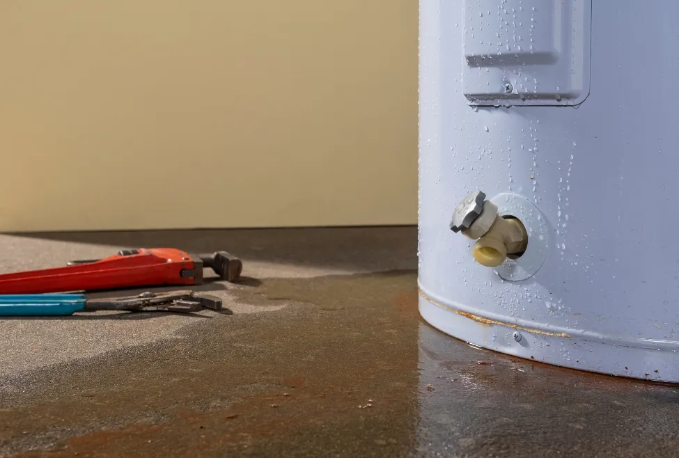 Leaking water heater with water pooling around the base, showing signs of water heater leaking, tank corrosion, and plumbing issues that may require water heater repair or leak detection from Family Heating, Cooling, Electric and Plumbing. Call us now for help with water heater leaking, leaking water heater, hot water heater leaking, water heater leaking from bottom, water heater leaking from top, water heater leaking from pressure relief valve, water heater leaking from drain valve, water heater tank leaking, emergency water heater repair, water heater leak repair, leaking hot water tank repair, plumber for leaking water heater, water heater replacement near me, water heater repair near me, leaking water heater near me, hot water tank leaking near me, residential plumbing repair near me, emergency plumber near me, water heater maintenance near me, tankless water heater leaking, gas water heater leaking, electric water heater leaking, water heater corrosion repair, water heater pressure valve replacement, plumbing leak detection near me, water heater inspection service, home plumbing services near me, Family Heating Cooling Electric and Plumbing water heater service, same day water heater repair near me.
