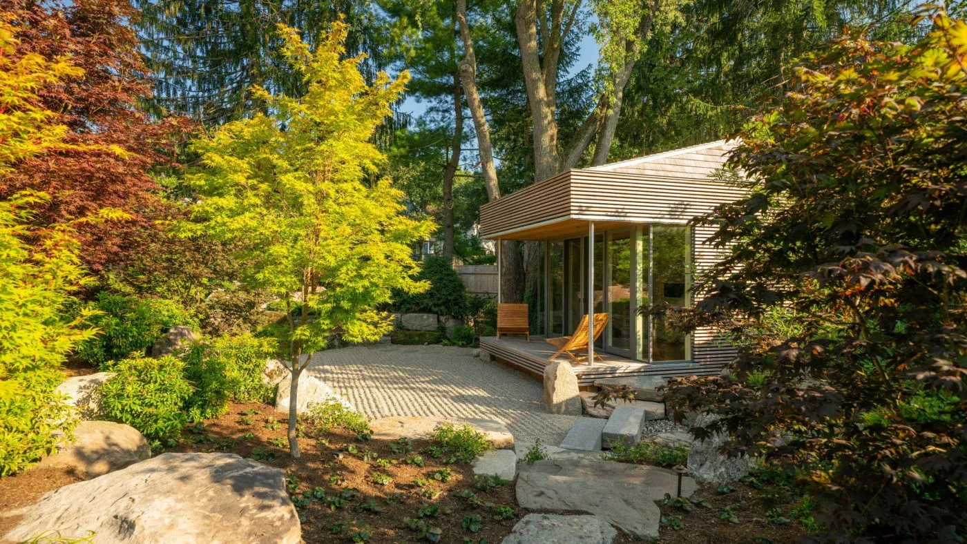 Yoga Studio, Japanese Garden, pea stone, planting, private