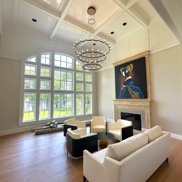 Living room with tiered ring chandelier