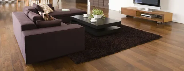 Modern living room with a purple sofa, black coffee table, and wooden floor