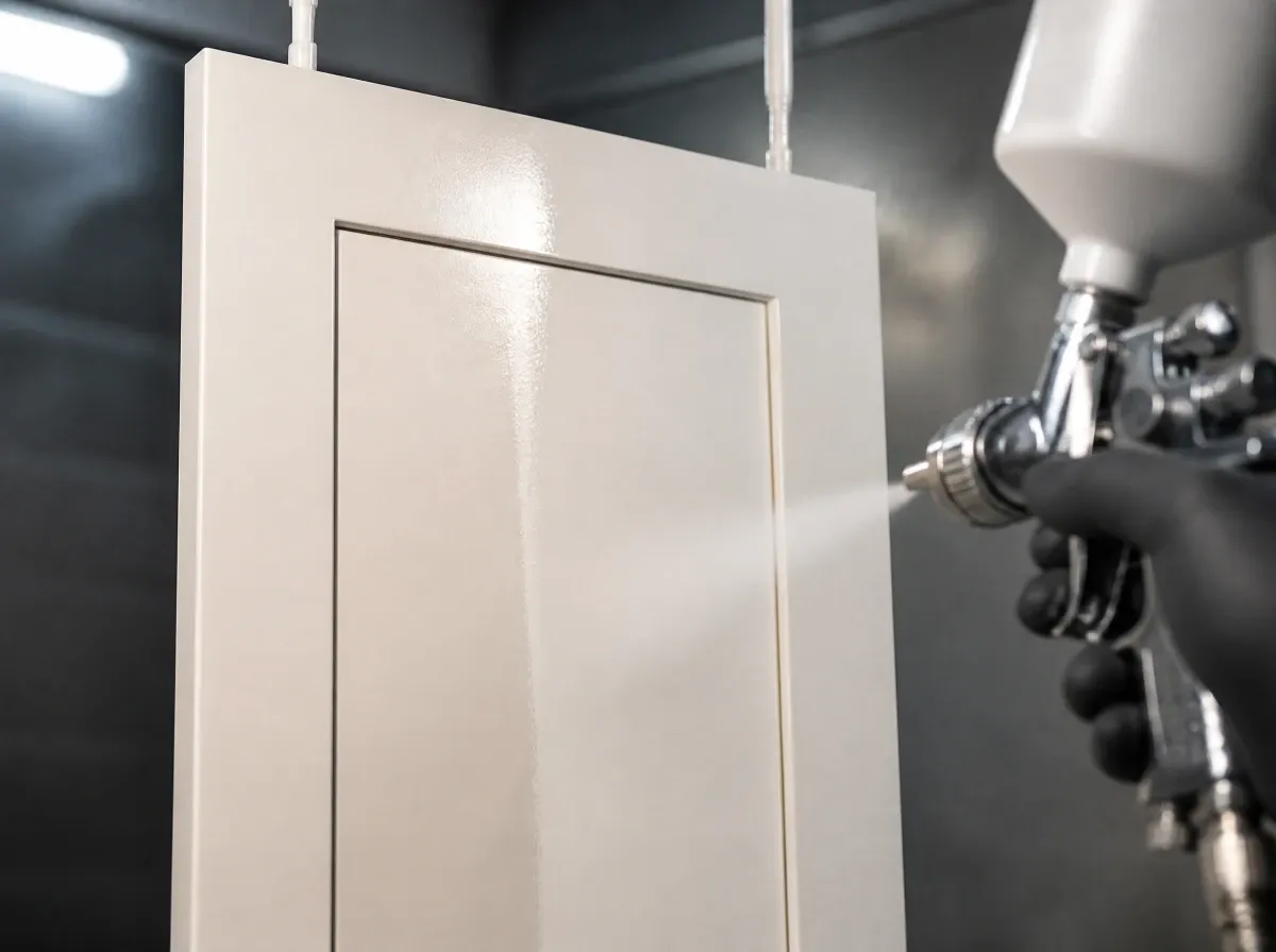 HVLP spray applying 2K polyurethane to a cabinet door