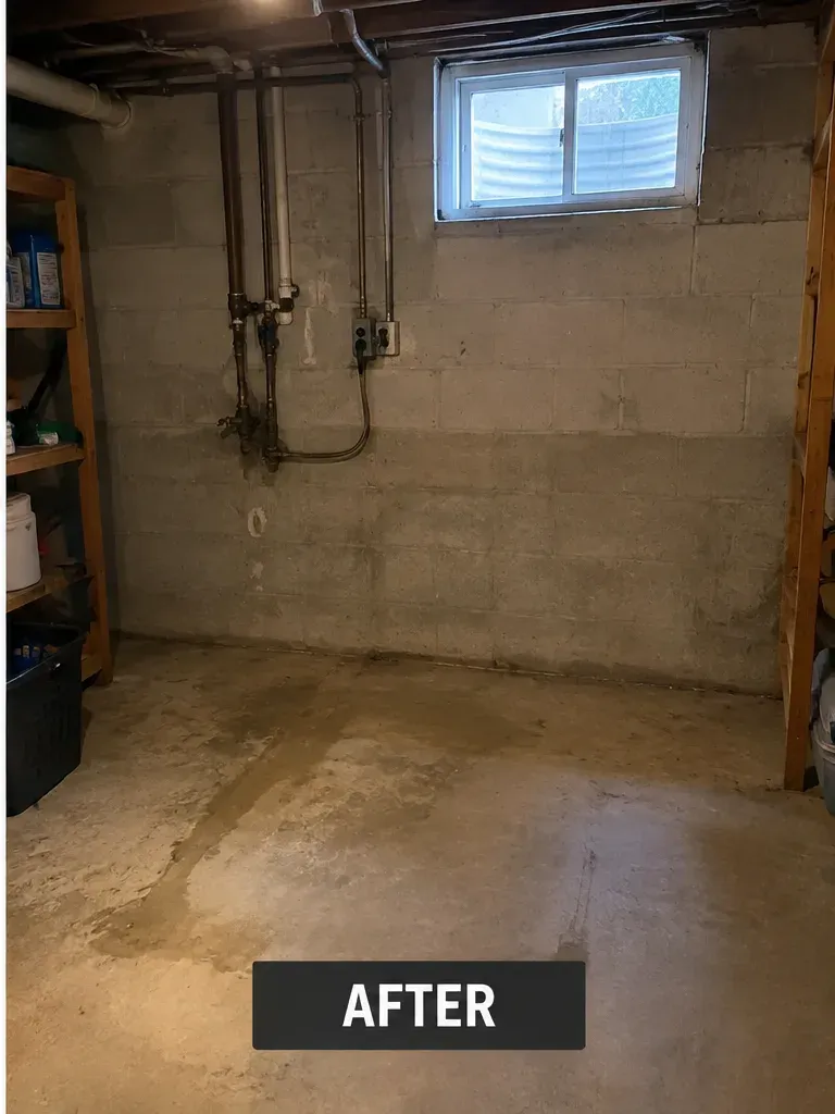 The same basement corner empty after the washer and dryer were removed