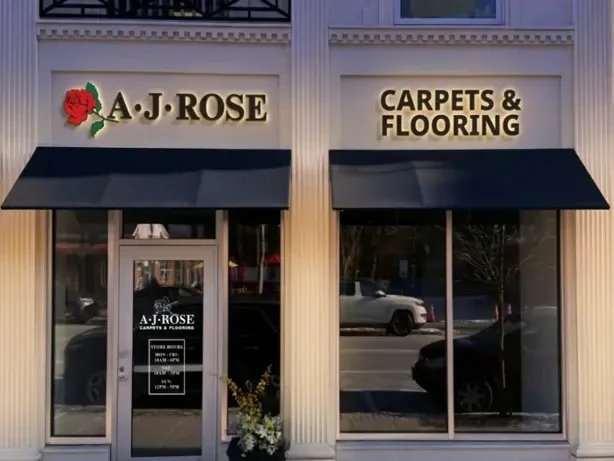 Exterior storefront of the AJ Rose Carpets & Flooring showroom in Belmont MA.