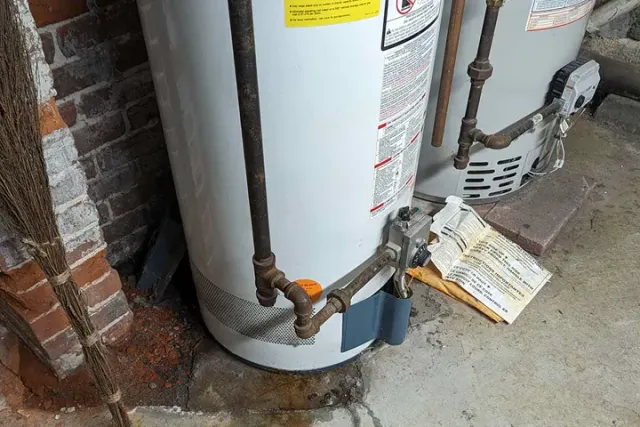 Leaking water heater in a basement utility room