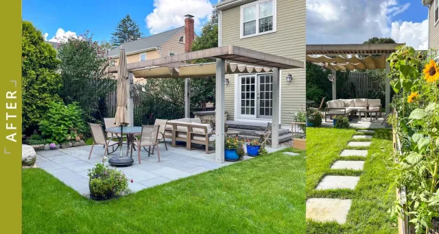 Project after collage including a backyard patio with outdoor furniture and a seating area under a pergola, and a pathway with stepping stones surrounded by grass and flowers.