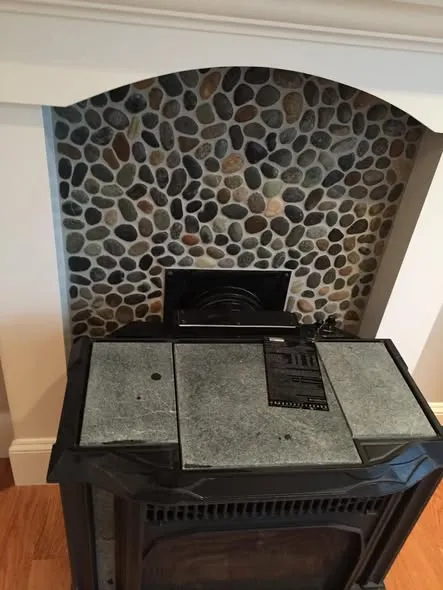 River-rock tile hearth and surround