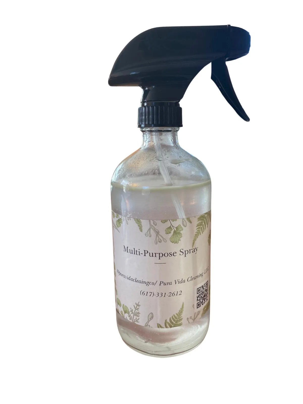 A clear plastic spray bottle labeled 'Multi-Purpose Spray' containing a liquid cleaning solution, with a black spray nozzle on top.