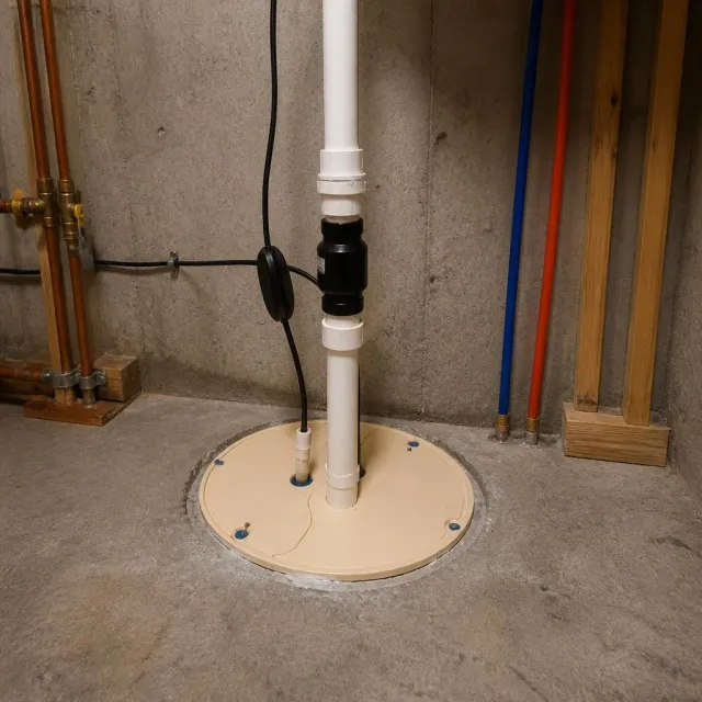 New sump pump with sealed lid, discharge line and check valve in a basement pit