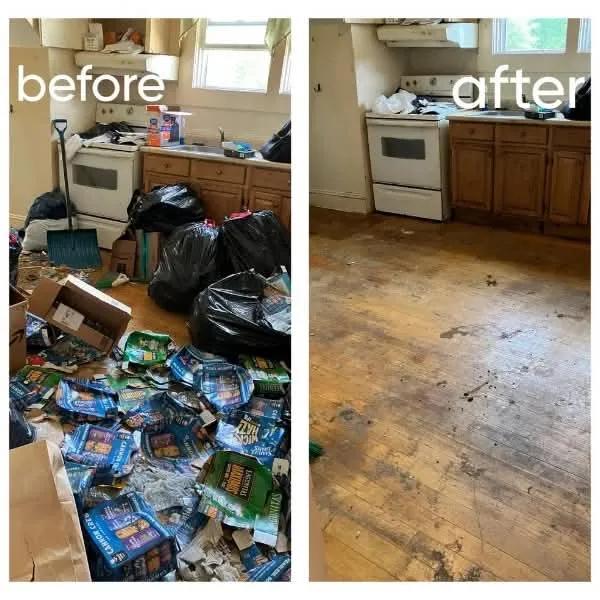 Before and after photos of a kitchen full of trash bags and debris cleared to bare floor